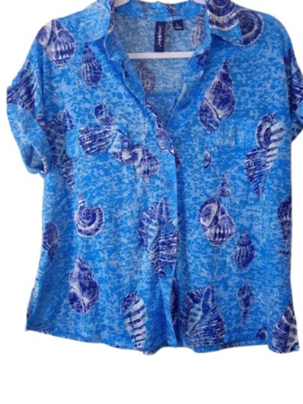 Casey Key Womens Button Up Shirt Blue Conkle Shell Print Pockets Knit Coastal L